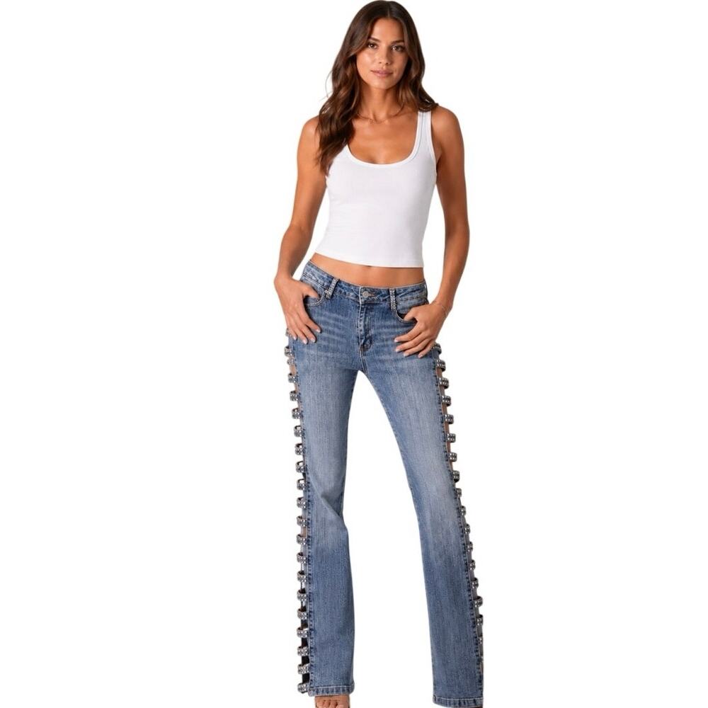 Platinum Plush Jeans Women’s Sz 13 Open Leg Rhinestone Boho Denim Bling Y2K